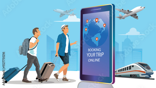Online booking service vector illustration. tourists  with travel, book luggage on smartphone, plan trip, online flight and train booking, idea for website or mobile app.. vector, illustration