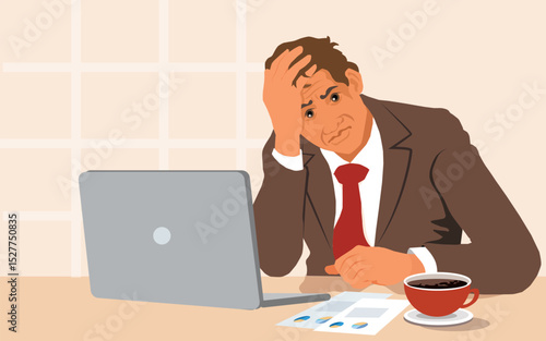 Stressed businessman with head in hands with laptop computer in his office. vector, illustration
