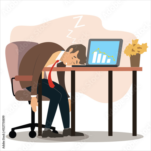 Working burnout syndrome. Tired male manager at work sitting at the table with head on laptop computer.  business concept of overload. Flat design.  vector illustration,