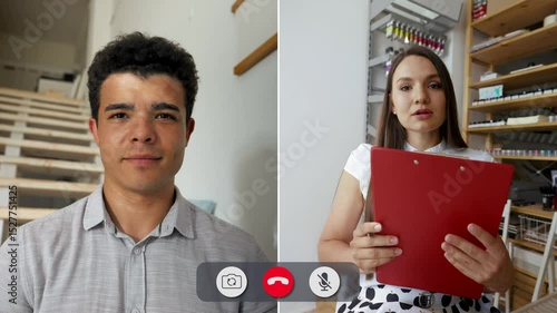 Two individuals participate in a split screen online discussion. One person is seated at a staircase, while the other is in a well-lit room. They exchange ideas and take notes.