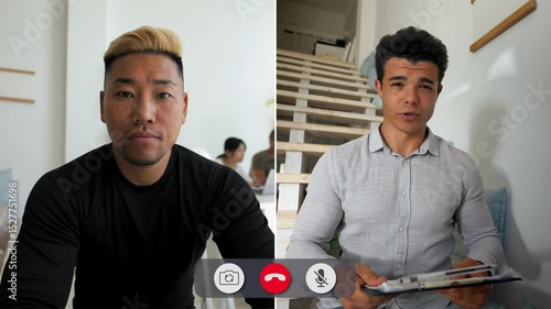 Two individuals participate in a split screen online call. One shares insights while the other listens attentively, creating a dynamic interaction. The setting is modern and informal.
