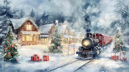 A vintage steam train travels through a snowy Christmas village