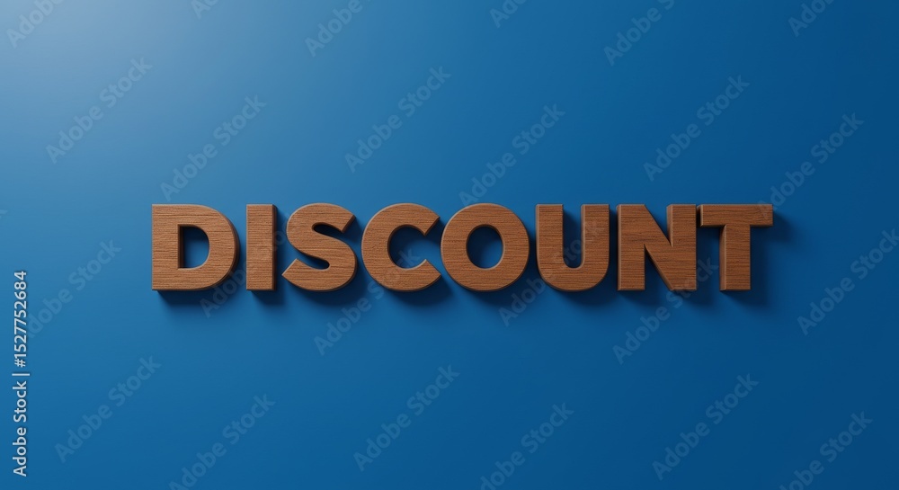 Wooden Discount Sign on Blue Background - Brown wooden letters spelling DISCOUNT on a solid blue background. Ideal for sale banners and promotions Wooden Discount Sign on Blue Background - Brown wooden letters spelling DISCOUNT on a solid blue background. Ideal for sale banners and promotions