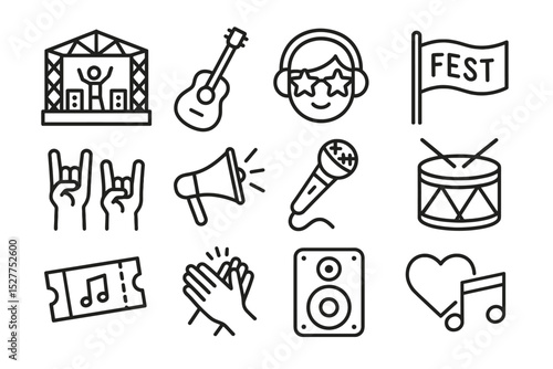 Music festival icons: instruments, stages, and enthusiastic crowds celebrating sound