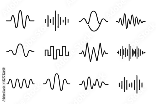 Collection of different waveform icons: sign, audio, signal, frequency, graphic