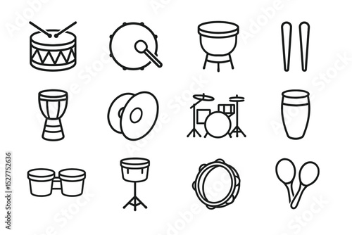 Collection of various musical percussion instrument icons in black and white