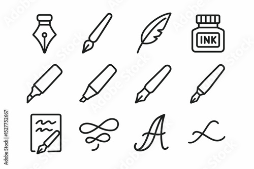 Collection of pen and ink icons featuring quill, calligraphy, and ink bottle designs