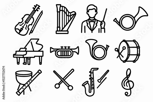 Icons of musical instruments and conductor in black and white outline style