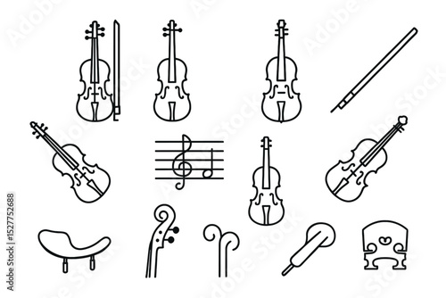 Line art icons of violins and musical elements including notes and bows