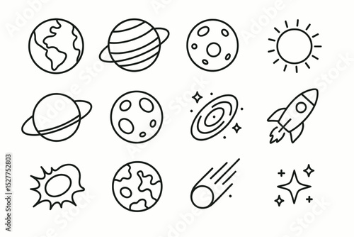 Space icons set: planets, sun, rocket, stars, and celestial bodies in line art