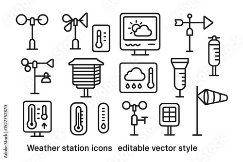 Weather station icons: wind, temperature, rain, editable vector symbols