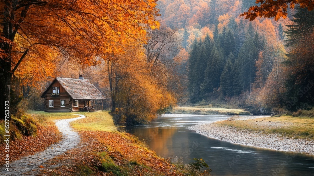 Obraz premium Autumnal cabin by a river in a misty forest