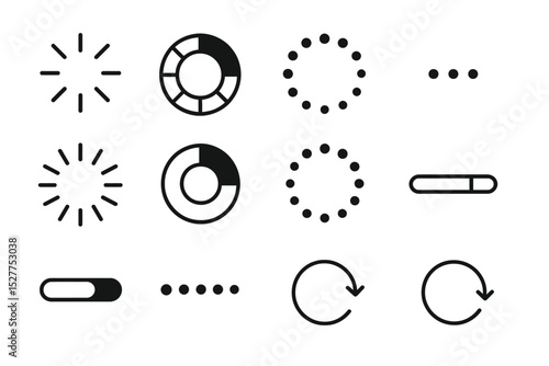 Various black loading icon designs for digital interfaces