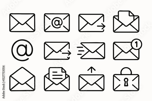Email icon set: communication, messaging, mail, envelope, symbols
