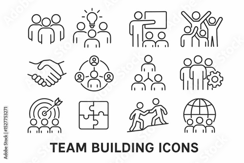 Team building icons: collaboration, innovation, leadership, connection, strategy, growth