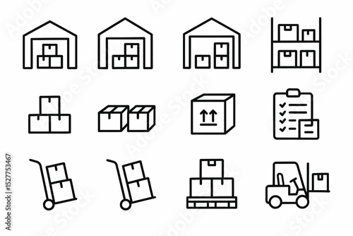 Warehouse logistics icons: storage, packaging, and transportation symbols set