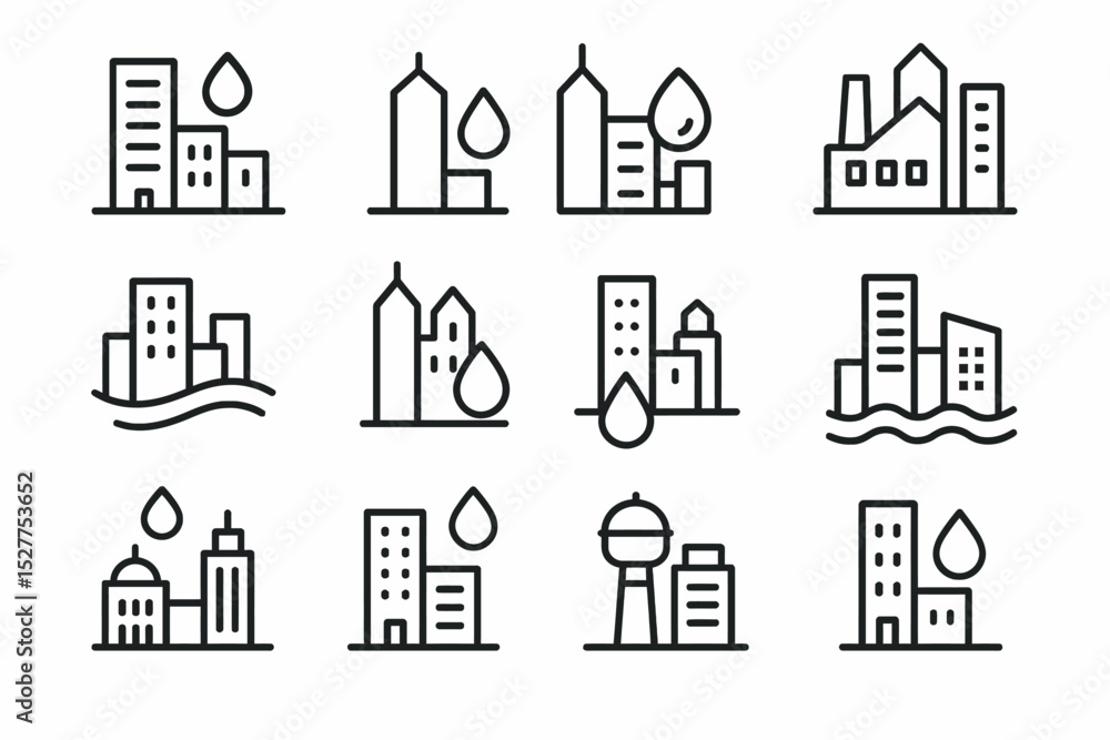 Minimalist icon set of urban buildings and water conservation symbols Minimalist icon set of urban buildings and water conservation symbols
