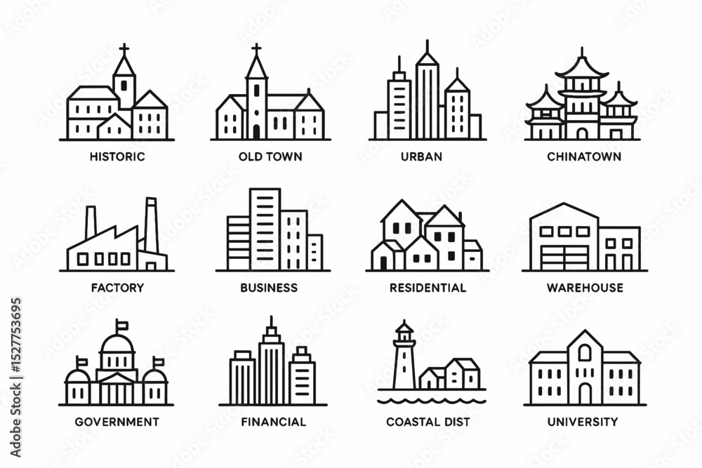 Obraz premium Icon set depicting diverse city structures and neighborhoods