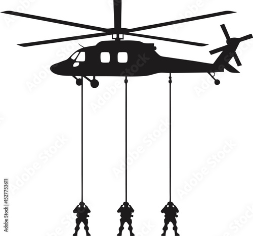 Military helicopter rappelling operation silhouette illustration