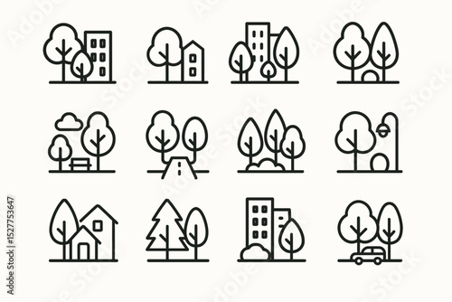 Minimalist line art urban and nature icon set with trees and buildings