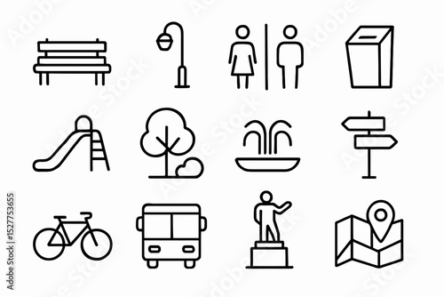 Urban park and city amenities icon set with bench, playground, and transportation symbols