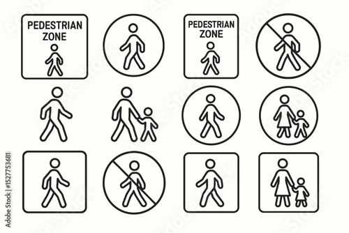 Pedestrian zone signs icon set with walking figures and prohibitive symbols