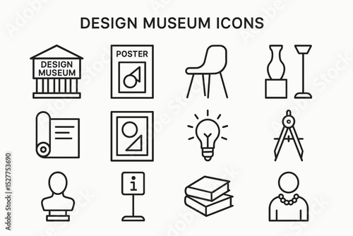 Design museum icons set featuring artifacts, furniture, and tools