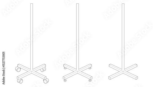 Vector illustration of three minimalist vertical stands with cross-shaped bases, including versions with wheels. Line art style. Isolated on white background. Horizontal orientation.