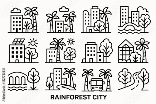 Black and white line art of rainforest cityscapes with buildings and nature elements