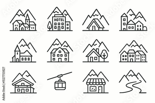 Line icons of mountain buildings and landscapes in minimalist style