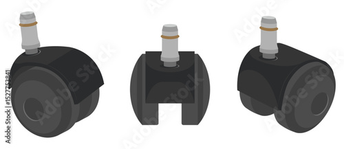 Office chair caster wheels set. Vector illustration of black replacement roller wheels for desk chair, front and side views. Isolated on white.
