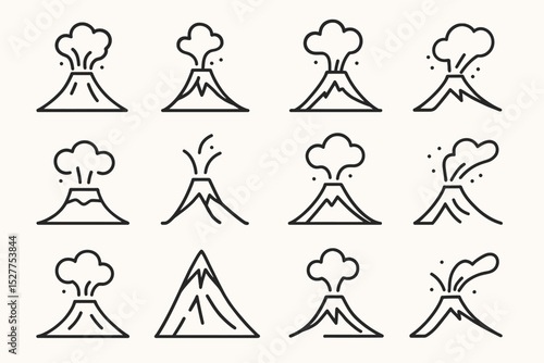 Set of minimalist volcano icons featuring erupting and dormant designs