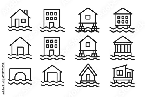 Icon set of flood-proof house designs: various structures on stilts and foundations