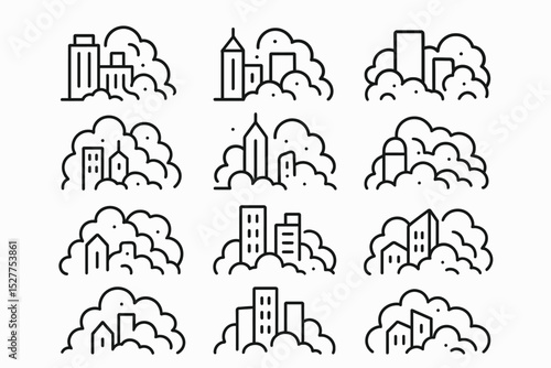 Minimalist black and white city skyline icons with clouds in background