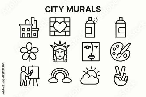 City murals icons: art supplies, urban symbols, creative designs