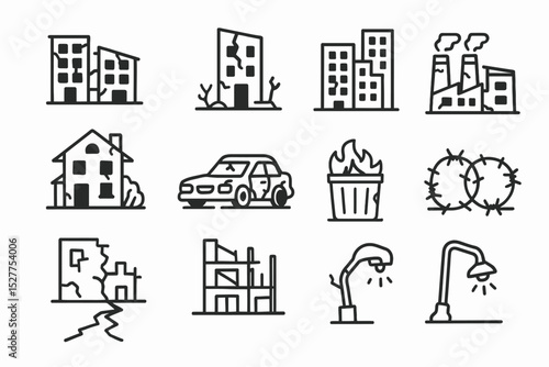 Urban decay and ruin icons collection: buildings, cars, and elements of destruction