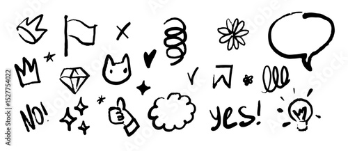Set of hand-drawn black doodle icons including speech bubble, flower, cat face, crown, light bulb, flag, cloud, check mark, and decorative element