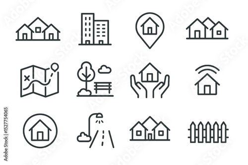 Set of housing and community icons including buildings maps and connectivity symbols
