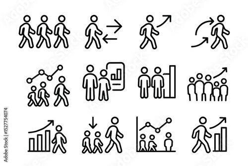 Line icons representing growth, advancement, and team dynamics in various business contexts