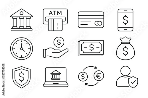 Financial icons set: banking, currency, and online transactions