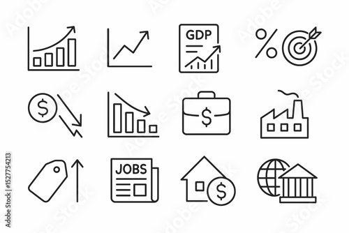 Economic icons set: gdp, growth, market trends, jobs, and banking symbols