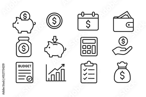 Black and white financial icons set: saving, budget, calculator, and growth symbols