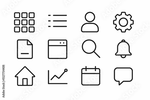 Minimalist black icon set with user, gear, and search icons