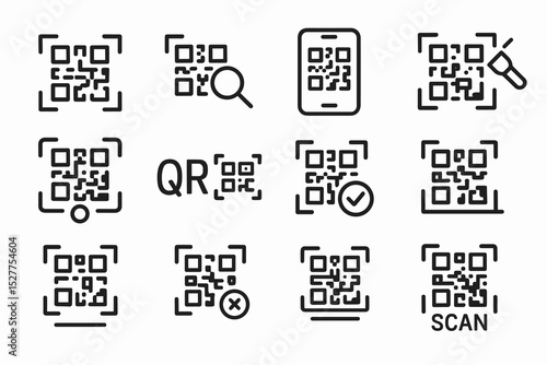 Different styles of qr codes with scanning icons and checkmarks