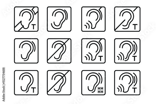 Hearing symbols illustrating silent, loud, and muted signs