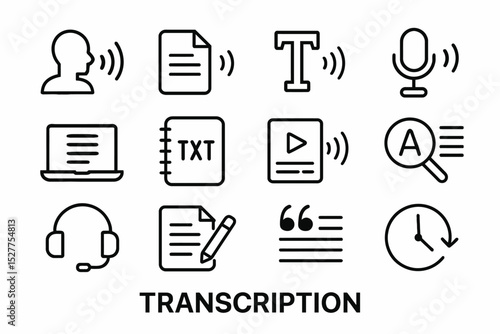 Transcription symbols set: microphone, text, headphones, and more