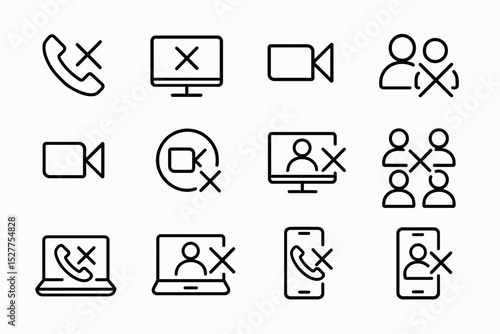 Minimalist communication and video call icon set with crossed-out symbols
