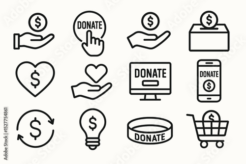 Charity and donation icon set featuring hand, heart, box, and e-commerce symbols