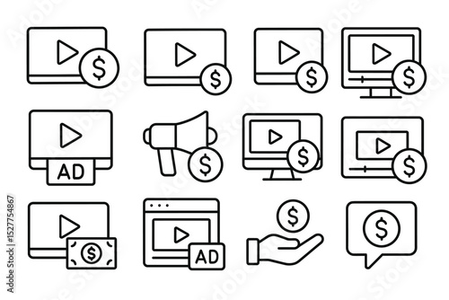 Monetization icons set: ads, dollar signs, screens, online marketing concepts