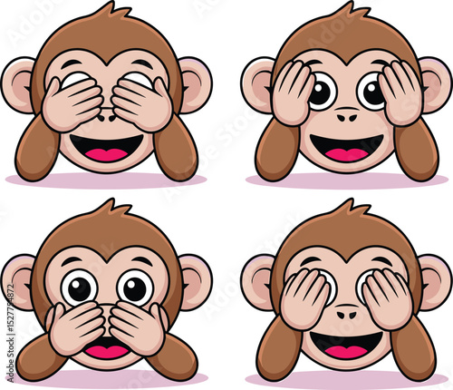 Adorable Vector Illustration of Monkey Characters Demonstrating 'See No Evil, Hear No Evil, Speak No Evil' Gestures
